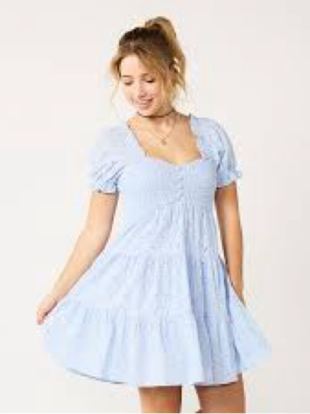 So size L 100% Cotton Light Blue Eyelet Puff-Sleeve Dress